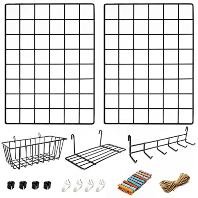 Imagen de ODOXIA Juego de 2 Paneles Rejilla Decoracion Pared con Accesorios Incluye Cestas para Colgar, Ordenador Cartas, Estante y Percheros Decoración Colgar en Casa, Oficina Cocina
