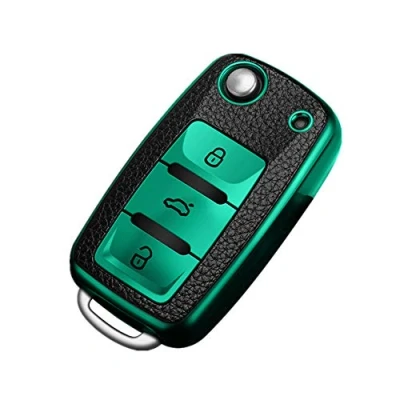 Imagen de Happyit TPU + Funda de Cuero la Cubierta Llave del Coche Compatible con Volkswagen VW Bora Beetle Tiguan Polo Passat B5 B6 MK5 6 Jetta EOS Seat Sagitar Golf 3 Botones (Verde)