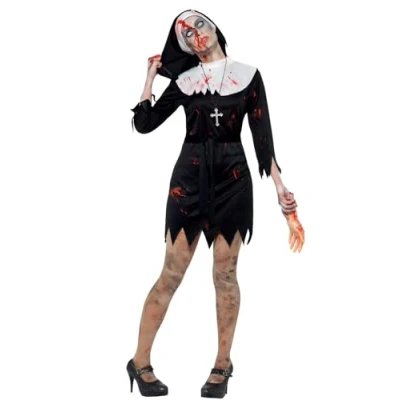 Imagen de Smiffys Disfraz de monja zombi, Negro, Hábito, toca, cinturón y collar con cruz