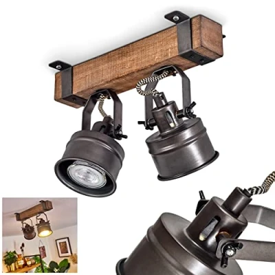 Imagen de lámpara de techo Pehefito, diseño vintage metal/madera en negro/marrón, retro con vigas madera y focos regulables, 2 luces, x casquillo GU10, sin bombilla(s)