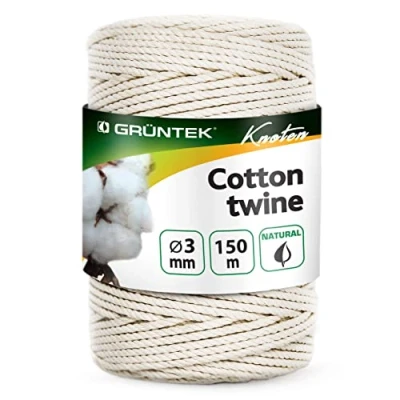 Imagen de GRÜNTEK Macramé Cordel Cuerda Algodón con 3 Hilos de mm trenzadado. Rollo 150 m Crema. Para jardinería, decoración, tarjetas regalo