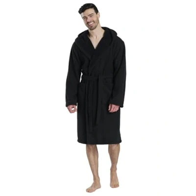 Imagen de Undercover Albornoz de lujo con capucha forro polar coral suave para hombre, talla S a 5XL, Tejido gofre negro (forro polar), M