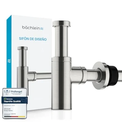 Imagen de Bächlein Sifón Universal de Diseño Acero Inoxidable Cepillado para Lavabos y Lavamanos Set Desagüe Trampa con Abertura Limpieza + Instrucciones Instalación Tubería