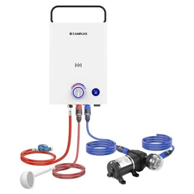 Imagen de CAMPLUX 10 L/M Calentador de Agua a Gas F10 Pro DE, con Bomba &amp; Mango, GPL (50mbar), para Ducha al Aire Libre/Camping/RVs, First Serie
