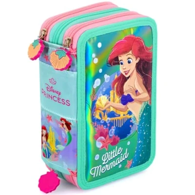 Imagen de Clondo Estuche triple relleno, 44 accesorios escolares, 3 cremalleras, 20 cm, Sirenita,