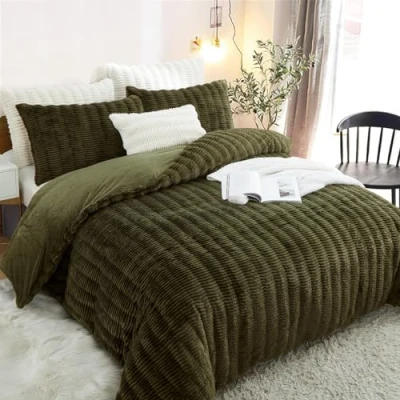 Imagen de Lanqinglv Ropa de Cama Felpa 135 x 200 cm, Color Verde Oscuro, mullida, Pelo Largo, Invierno, cálida y acogedora, Franela Polar, Tacto Cachemira, Funda nórdica con Cremallera 1