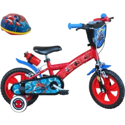 Imagen de A.T.L.A.S. Bicicleta de 12 Pulgadas Equipada con 2 Frenos, Placa Frontal Decorativa, Guardabarros, cárter, estabilizadores y Casco Spiderman Incluido Delantera, Niños, Rojo idéntico a Las Fotos, 12&#039;&#039;