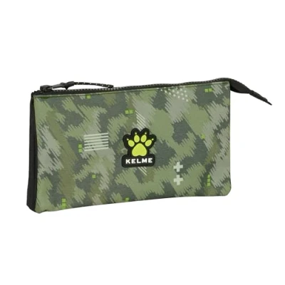 Imagen de Safta Kelme Travel Portatodo Triple, Estuche Infantil, Niño, Ideal para Niños en Edad Escolar, Cómodo y Versátil, Calidad Resistencia, 22x3x12 cm, Color Verde/Negro
