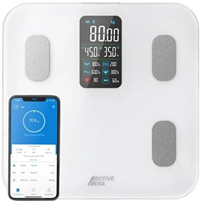 Imagen de Active Era Bascula de Baño Grasa Corporal y Muscular. Bluetooth USB, 16 Medidas Análisis Frecuencia Cardíaca. Peso Baño, App Gratuita Compatible con Otras Blanco