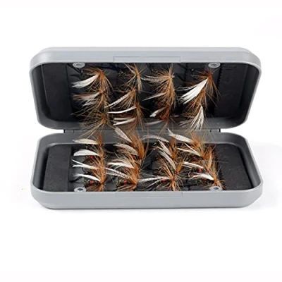 Imagen de ANCLLO Kit de 32 moscas pesca con mosca caja, secas y húmedas, ninfas, serpentinas para truchas salmones