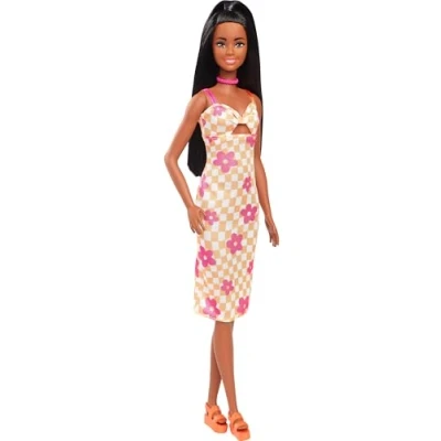 Imagen de Muñeca Barbie Fashionistas n. 233 con vestido a media pierna de cuadros y flores, pelo negro