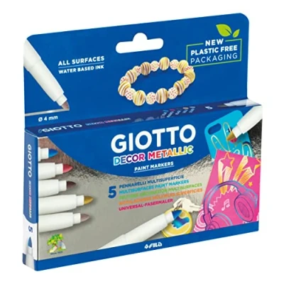 Imagen de Giotto Decor Metallic, Rotuladores Múltiples Superficies, Punta Mediana, Colores Surtidos, 5 unidades
