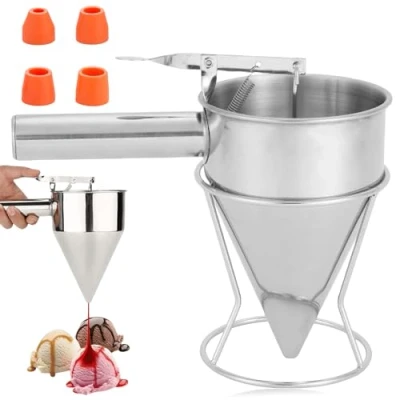Imagen de dispensador de masa para panqueques, 1,2 L, acero inoxidable, con soporte, embudo tartas 4 embudos, pistón, batter, hornear, herramientas