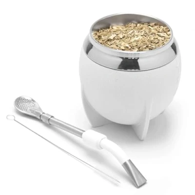 Imagen de balibetov Mate Argentino Set elegante y duradero con un Vaso Torpedo de Acero Inoxidable, Bombilla Cepillo Limpieza (Blanco)