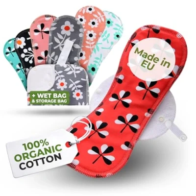 Imagen de Compresas Reutilizables Ecológicas de Algodón Orgánico; 7 Pack + Bolsa (S,M,L,XL) Tela Lavables HECHAS EN LA UE; Mujer Organico para menstruación, postparto, incontinencia