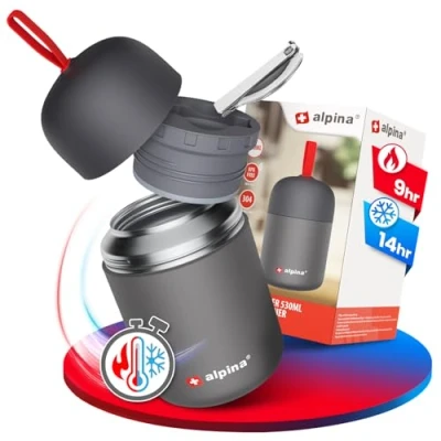 Imagen de alpina Recipiente para Comida Aislado y Taza Térmica de 730 ml Lavavajillas. Lunchbox con Compensación Cuchara. Fiambrera Alimentos. Acero Inoxidable sin BPA