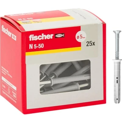 Imagen de fischer 508272 Tacos de extensión N 5X50 Y, fijación Impacto con Clavo premontado para Completo, Semi Relleno y hormigón, 25 Piezas por Paquete, Gris, MM