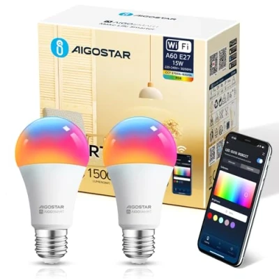Imagen de Aigostar Bombilla Inteligente E27 Bombillas Alexa LED 15W 1500LM Wifi RGB &amp; 2700K 6500K Regulable, Sincronización con la música, Conexión rápida, Compatible y Google Home, 2 pack