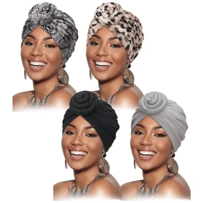 Imagen de DRESHOW 4 Piezas Africano Turbante para Mujer Gorro de Nudo Pre Atado Suave Pañuelo Cabeza Plisada Moda Gorra Dormi