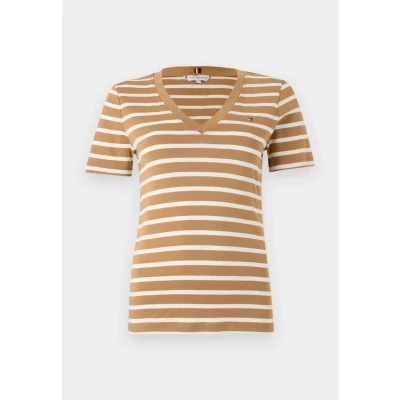 Imagen de Tommy Hilfiger Camiseta de Manga Corta para Mujer New Slim Cody V Neck con Cuello Pico, Multicolor (Hickory/Ecru STP), XXS