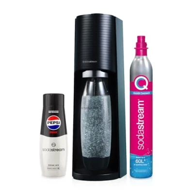Imagen de SodaStream Terra Paquete de iniciación para hacer agua con gas, sistema CO2 conexión rápida, incluye cilindro gas 60 L, 1 botella Pepsi Max 440 ml, sin BPA, ecológica y reduce los