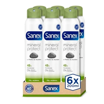 Imagen de Sanex Natur Protect Desodorante Spray, Pack 6 Uds x 200 ml, Protección 24H contra el Mal Olor, con Piedra de Alumbre, 0% Alcohol, Sin Alérgenos ni Colorantes, Piel Normal