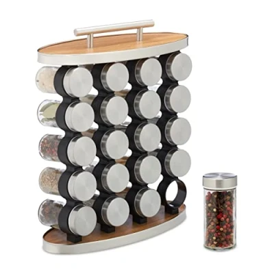 Imagen de Relaxdays Especiero con 20 Botes, Dosificadores, Organizador Especias Portátil, Tarros Rellenables, Plateado/Marrón, Tablero de Fibras, 35 x 28 12 cm