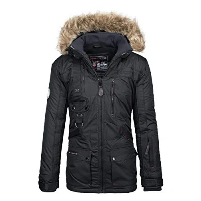 Imagen de Geographical Norway chaqueta de invierno para hombre, modelo Avoriaz, abrigo con capucha piel, cálida forro, y otoño, Negro, M