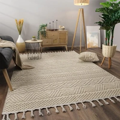 Imagen de Paco Home Alfombra Salon De Habitacion Pelo Corto Motivo Boho Chic Nordica con Flecos, tamaño:80x150 cm, Color:Crema
