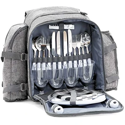Imagen de CampFeuer Mochila de Picnic I 4 Personas 32 Piezas Color Gris Portabotellas Manta Compartimento Frigorífico Vajilla Cubiertos
