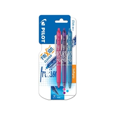 Imagen de Pilot FriXion Clicker Bolígrafo roller de gel tinta borrable (3 unidades), color rosa, morado y azul