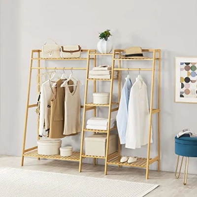 Imagen de [en.casa] Perchero Burro con 2 Barras 9 Estantes Armario para Ropa Clóset Tiendas Oficinas Construcción Sólida Bambú 139 x 158 40 cm Color Natural