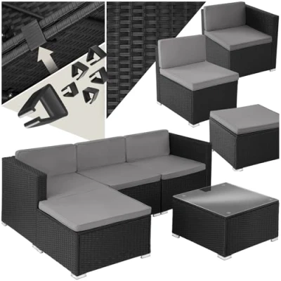 Imagen de tectake® Conjunto Jardín en Ratán con Cojines, Terraza Resistente a Intemperie, Muebles Exterior, 3 Sillones, 1 Taburete, Mesa Cristal, Fundas Extraíbles, Fácil Limpieza negro