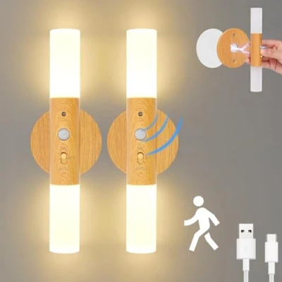 Imagen de Birnetek® Aplique Pared Interior 2 Unidades, Lampara de Madera con Sensor Movimiento, USB Recargable Lamparas Sin Cables Para Dormitorios Pasillos Escalera (Color la madera)
