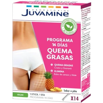 Imagen de JUVAMINE Programa 14 Días Quema Grasas Sticks Sabor Piña Estimula el Metabolismo Control de Peso Eliminación Rabo cereza Guaraná Mate Cromo