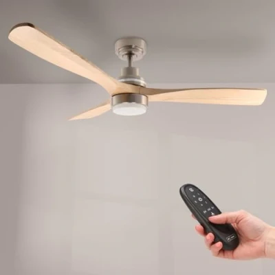 Imagen de M Ledme Ventilador de Techo Led Wood 58W Niquel, mando a Distancia, motor DC 30W+Luz 18W, 6 velocidades, Silencioso,3 Aspas madera natural, 132 cm, función verano invierno, temporizador