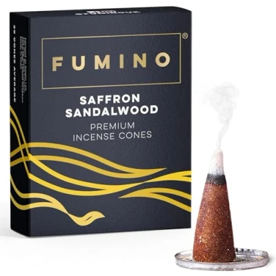 Imagen de Fumino® Sándalo Azafrán Conos de Incienso Fresco 20 por Caja Fragancia Humo Masala Agarbatti para la Relajación, Meditación, Antiestrés Decoración Hogar