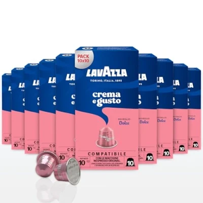 Imagen de Lavazza Crema y sabor dulce, 100 cápsulas de café aluminio compatibles con cafeteras Nespresso Original, notas aromáticas frutas secas, arábica robusta, intensidad 10, tostado medio, 10
