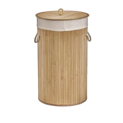 Imagen de Solty Cesto de Bambú con Tapa para la Ropa Sucia Cubo Colada Lavanderia Asa Plegable (Redondo)