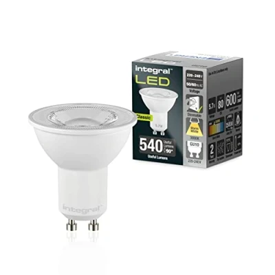 Imagen de Integral Bombilla LED 5 PACK GU10 Blanco Cálido 3000K, 600LM, 5,7W (equivalente a 75W) Regulable Eficiencia energética e ideal para focos y luces empotradas en baños, cocinas, salones, comedores