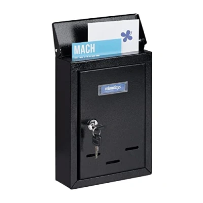Imagen de Relaxdays Buzón Pared Vertical, Placa para Nombre, Metálico, 2 Llaves, de Exterior, 26,5 x 19 6,5 cm, Estrecho, Negro
