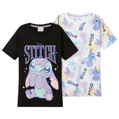 Imagen de Disney Stitch Suave Camisetas para Niñas de Cuello Redondo, 2 Pack Tshirts (Negro/Blanco, 13 14 Años)