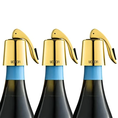 Imagen de WOTOR tapón de Vino Acero Inoxidable, Botella con Cierre hermético Silicona, Accesorio Reutilizables, a Prueba Fugas Mantener Fresco, Paquetes 3 (Oro)
