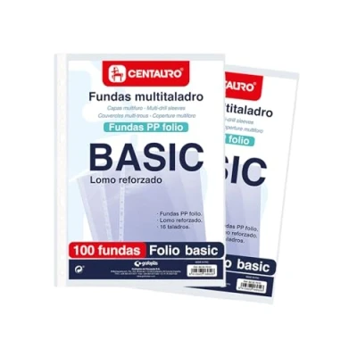 Imagen de Centauro 2 Packs de 100 Fundas Multitaladro 16 Taladros Tamaño Folio Polipropileno Estándar Liso Perfectas para Archivar Documentos Oficina, Escolar o Uso Doméstico