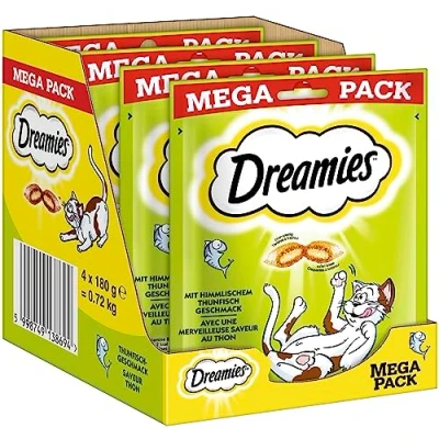 Imagen de Dreamies Bocadillos clásicos para Gatos con atún golosinas Textura crujiente y Relleno cremoso ( 4 x 180 g ),180 (Paquete de 4)