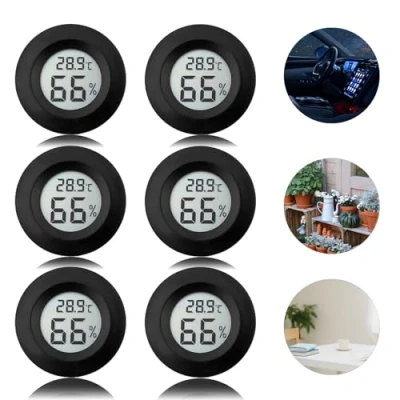 Imagen de Termómetro higrómetro digital para interiores: Nizirioo 6 Pack LCD Mini Medidor de Humedad, ℃/℉ Invernadero, sótano, habitación bebé, negro redondo