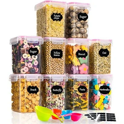 Imagen de GoMaihe 1.6L Botes Cocina, Juego de 10 Piezas Recipiente Cocina Almacenaje Plástico Alimentos Sellados con Tapa, Se Utiliza para Almacenar Cereales, Pasta, Arroz, Harina, Rosado