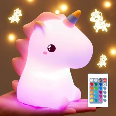 Imagen de Unicornio Luz Nocturna Infantil, 16 Color+Control Remoto Lampara Bebe Noche, 5 Brillo+Silicona Nocturna,1200mAh Recargable Quitamiedos Infantil Roja Bebe,Unicornios para Niñas