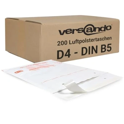 Imagen de versando 200 sobres acolchados D4, tamaño interior 180 x 265 mm, dimensiones exteriores 275 color blanco, para DIN A5/DVD/B5