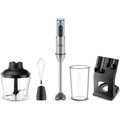 Imagen de Grunkel Batidora de Mano potente 2000W Acero Inoxidable, Vaso incluido y opción set accesorios con Varilla, Picadora Soporte. Encaje Metalico Base Silicona (2000 W Accesorios)